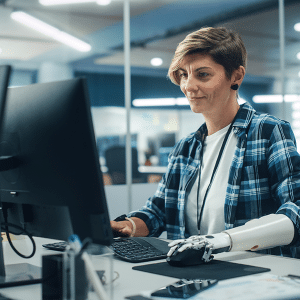 woman with a robot hand on her computer | Accessibility Compliance