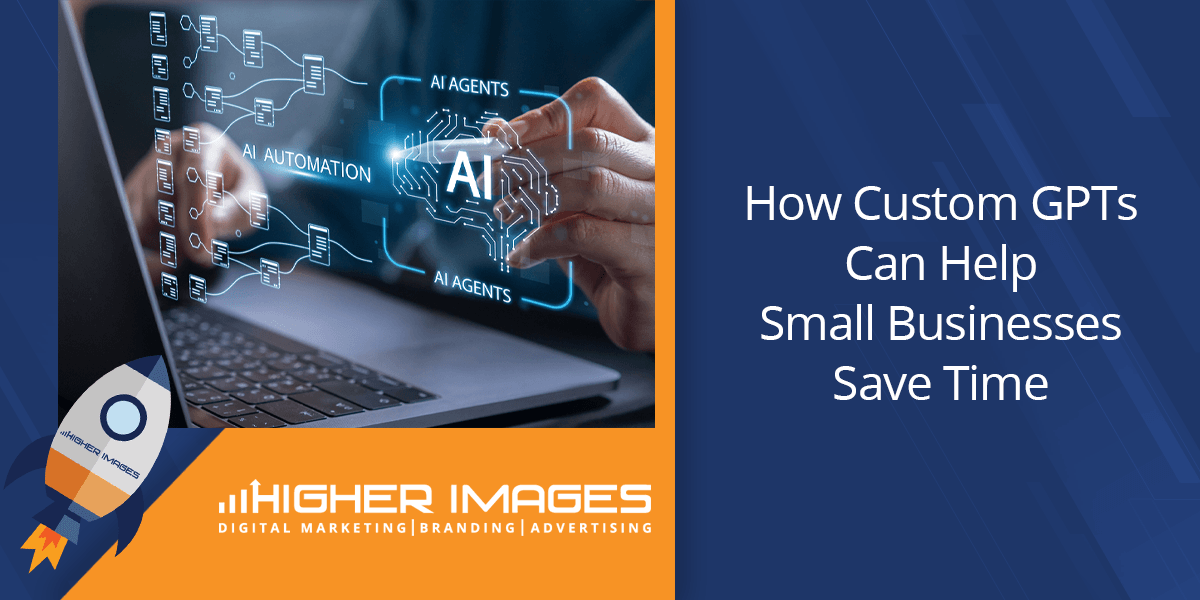Laptop screen with glowing AI diagrams and the headline How Custom GPTs Can Help Small Businesses Save Time on a blueorange banner | How Custom GPTs Can Help Small Businesses Save Time