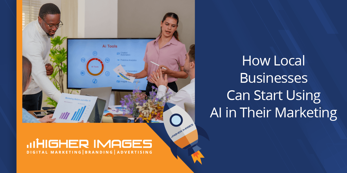 Team of professionals presenting AI tools in a conference room, with charts on a screen beside them for a marketing article.
