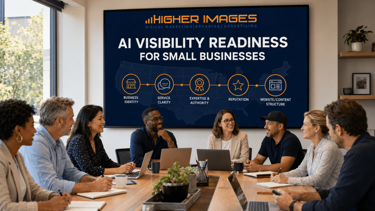 Small-business owners discuss Higher Images’ five areas of AI visibility readiness during a national educational workshop.