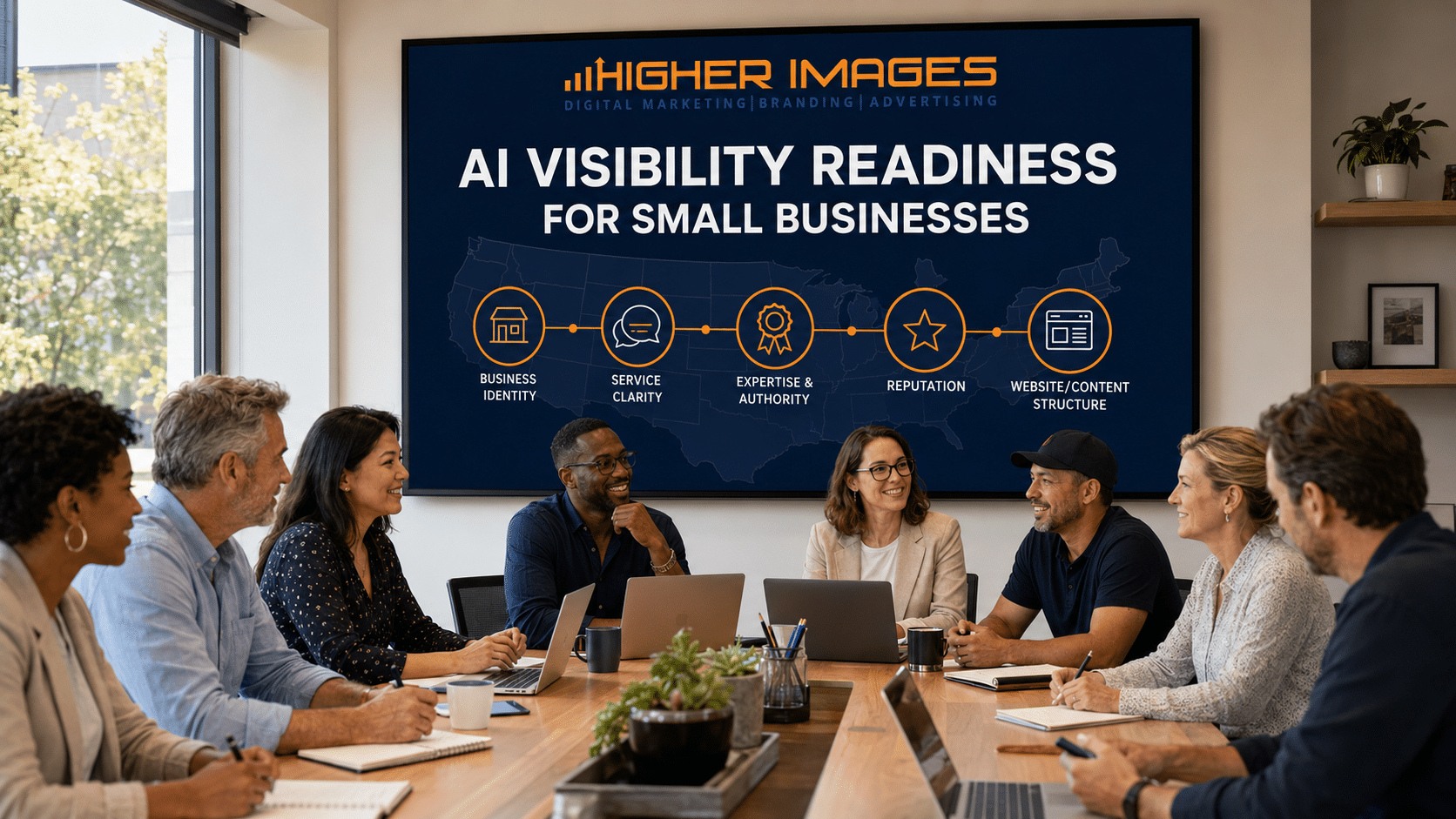 Small business owners discuss Higher Images five areas of AI visibility readiness during a national educational workshop | Higher Images Launches National AI Visibility Readiness Initiative for Small Businesses
