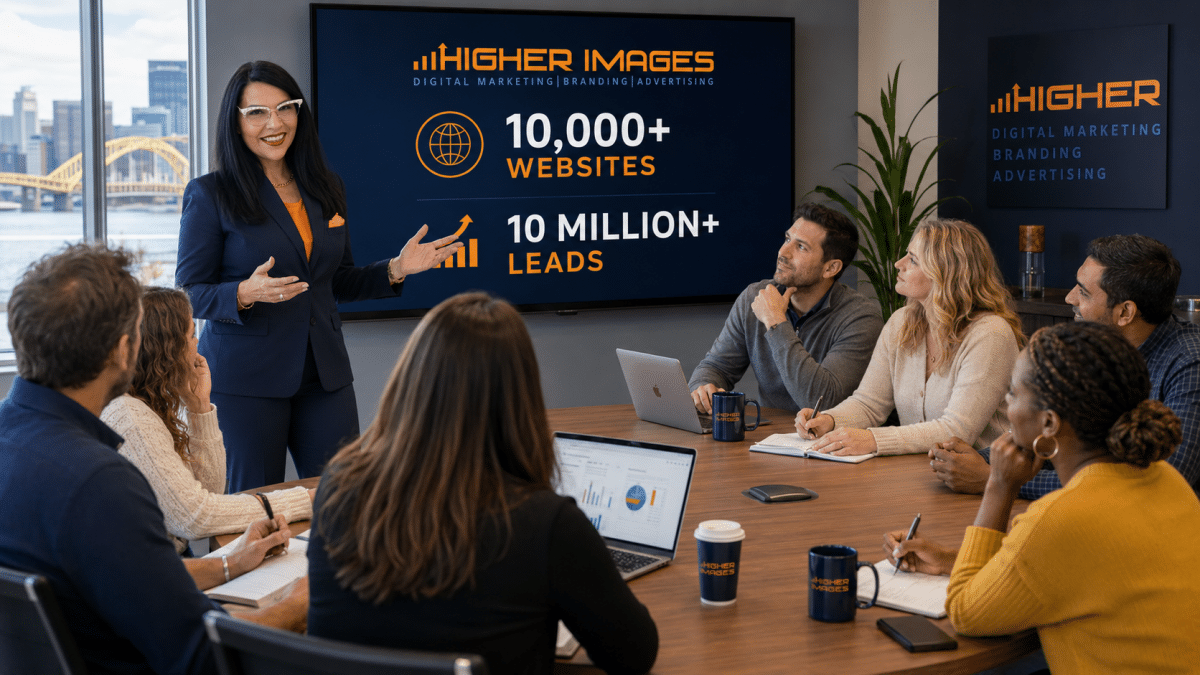 Linda Jo Thornberg presents Higher Images’ milestone of 10,000+ websites and 10 million+ leads to Pittsburgh-area business owners.