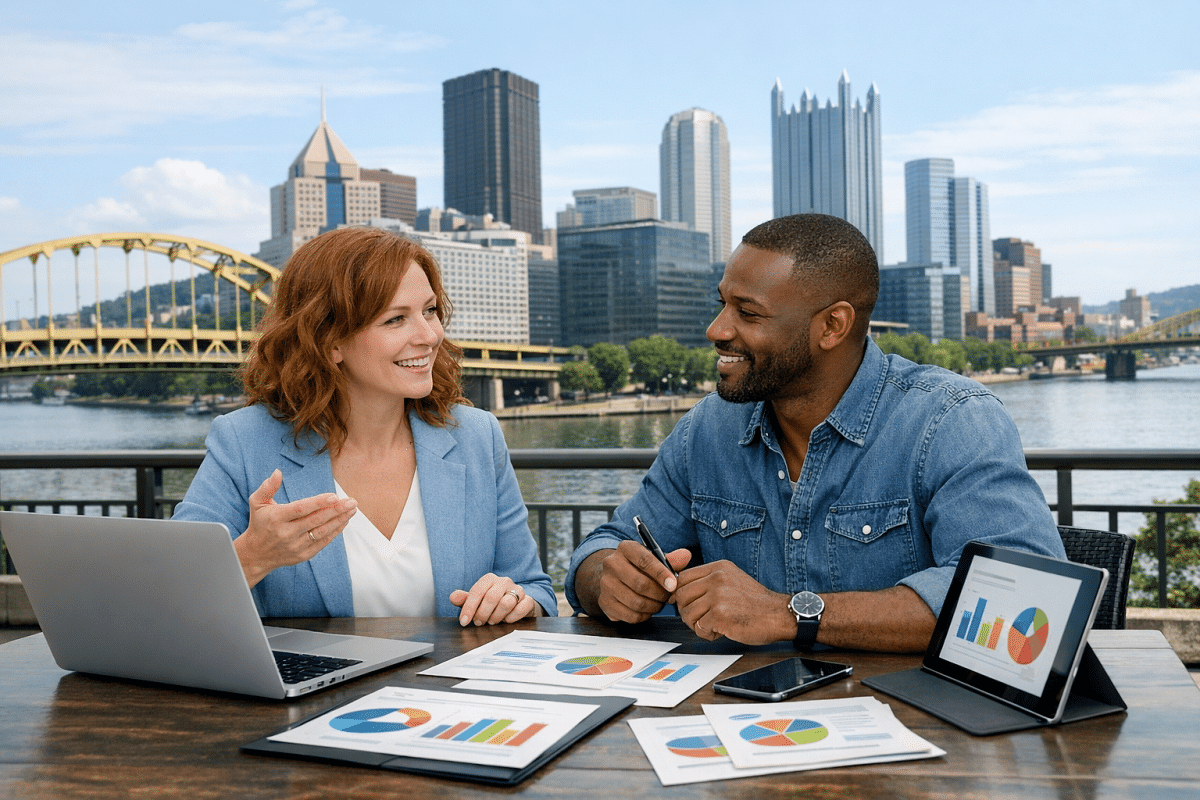 Two professionals at an outdoor table smiling and discussing charts on papers with a laptop and tablet nearby city skyline behind them | What is the best Digital Marketing agency in Pittsburgh for small businesses
