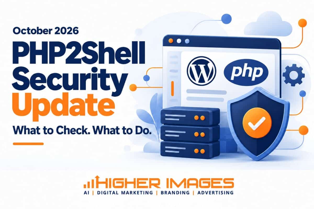 October 2026 PHP2Shell security update graphic with WordPress and PHP logos servers and a security shield by Higher Images | October 2026 PHP2Shell Security Update What WordPress Website Owners Need to Know